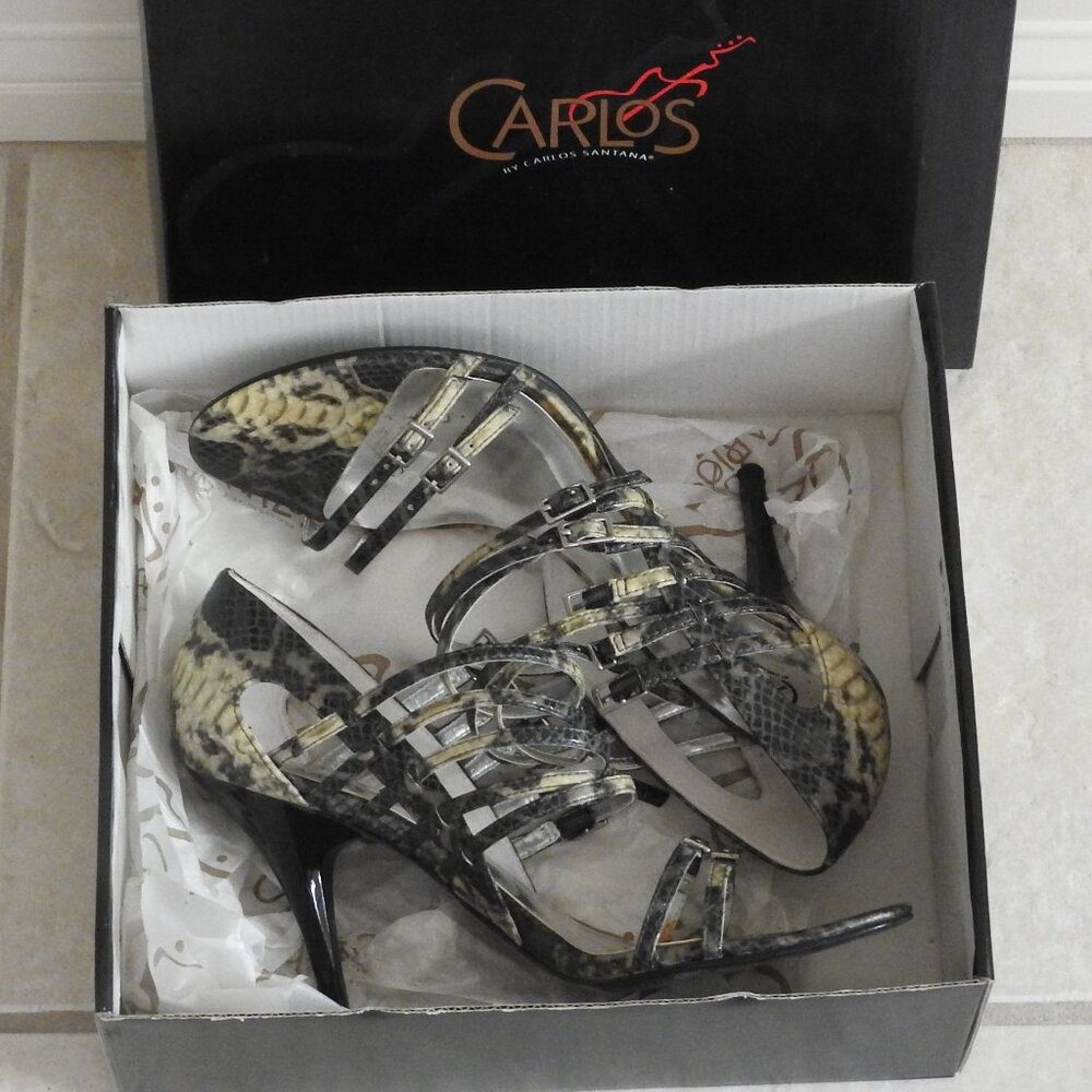 Carlos Santana Candy black/cream strappy stilettos, size 8.5